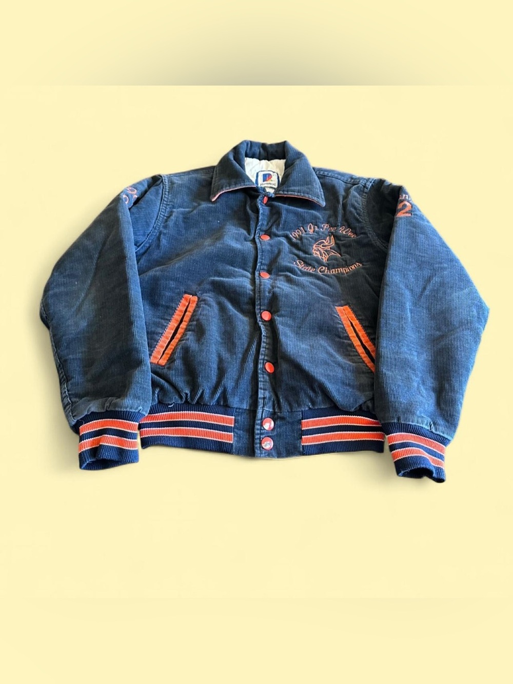 Vintage 90s Corduroy Varsity Jacket Small Faded Navy Blue State Champions